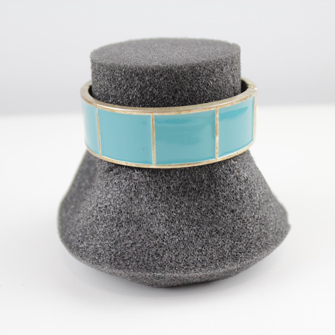 Vintage Enamel Clamper Bracelet Turquoise Blue Gold Tone Wid