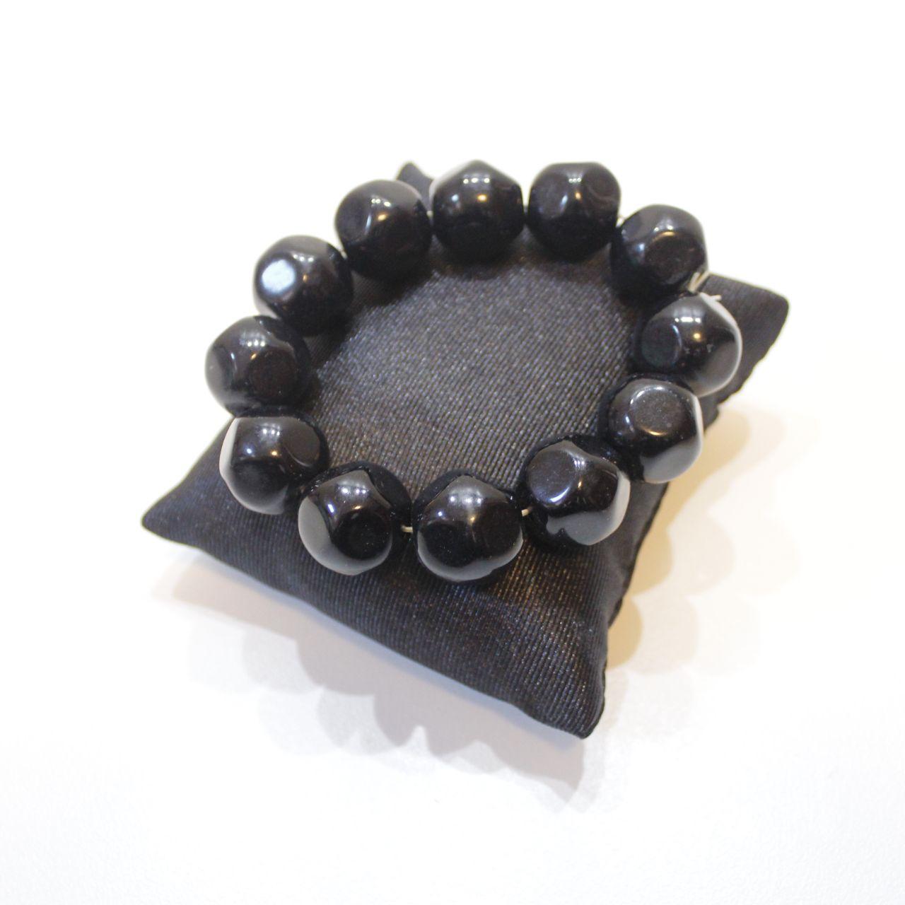 Chunky Black Bead Stretch Bracelet Polished Faceted Statemen