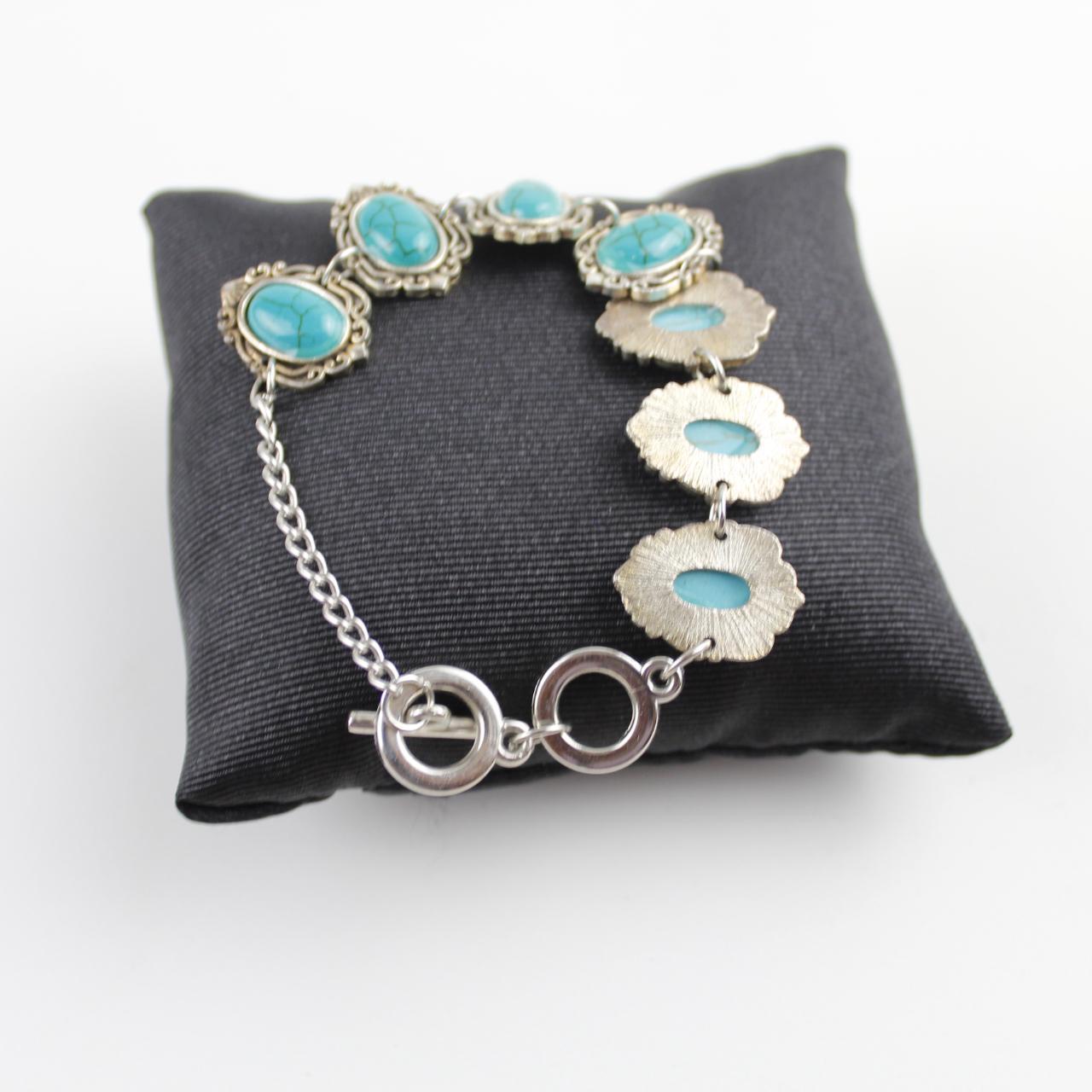 Vintage Turquoise & Silver colour Bracelet Oval Boho Stateme
