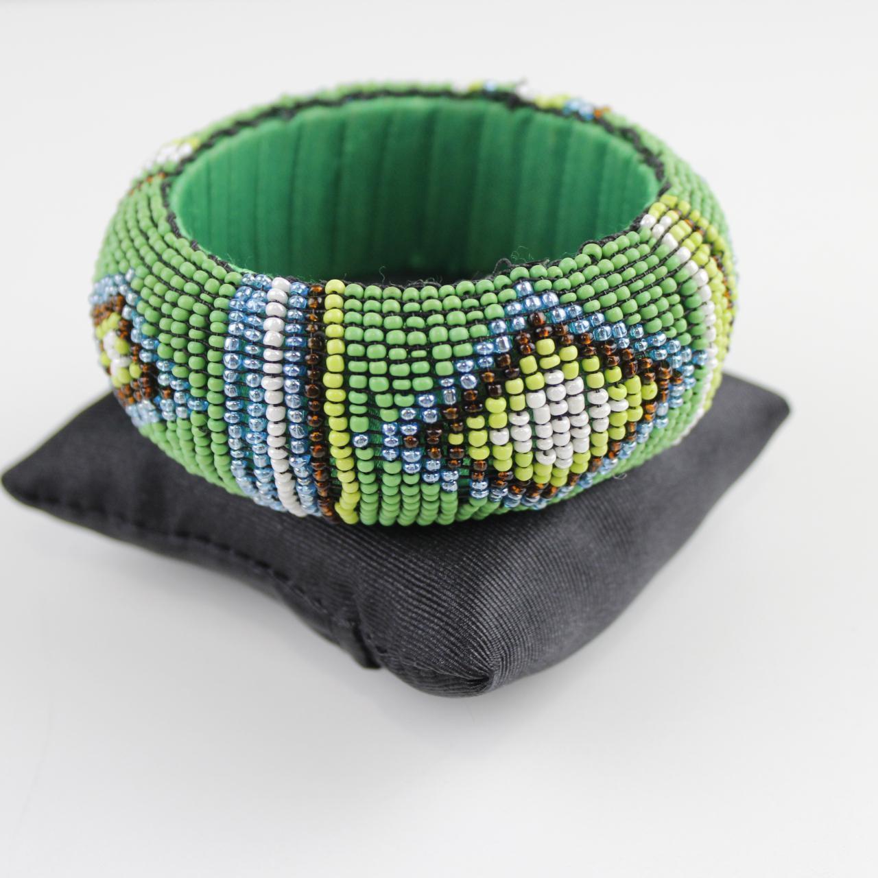 Tribal Inspired Seed Bead Bangle - Green, White, Blue, Yello