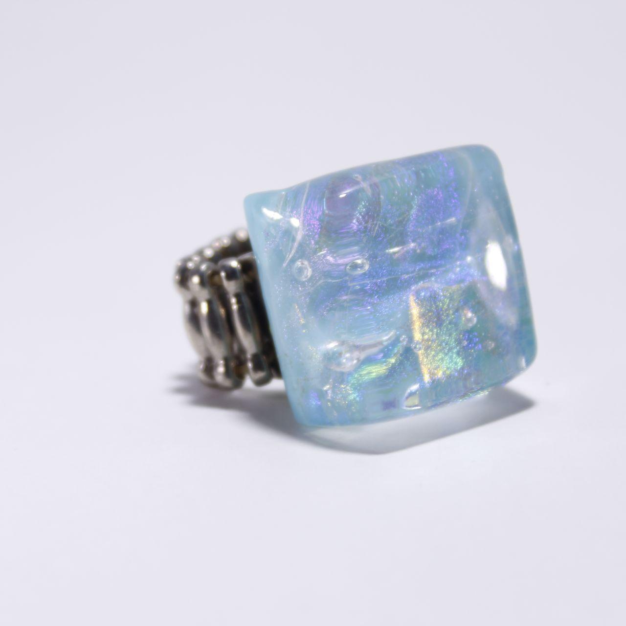 Chunky Square Opalite Stretch Ring Accordion Band Blue White