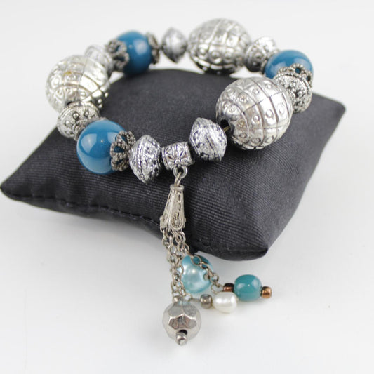 Boho Blue Beaded Bracelet Silver Tone Charm Dangle Fashion J