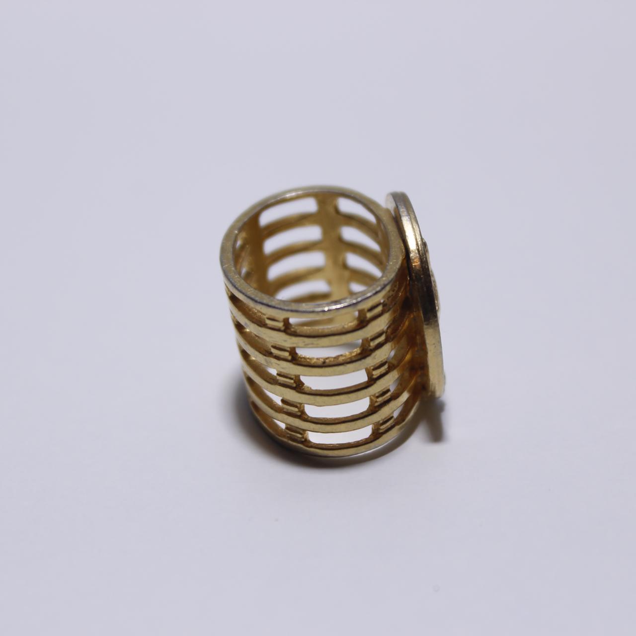 Wren Bird Ring Gold Tone Wide Cage Band Statement Jewelry