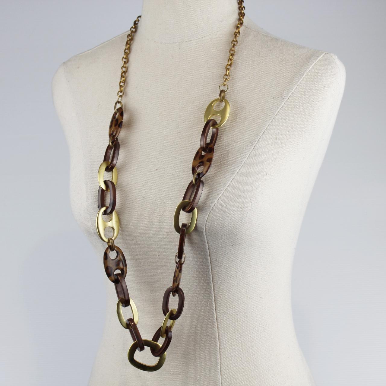 Long Statement Necklace Tortoiseshell Gold Links Modern Fash
