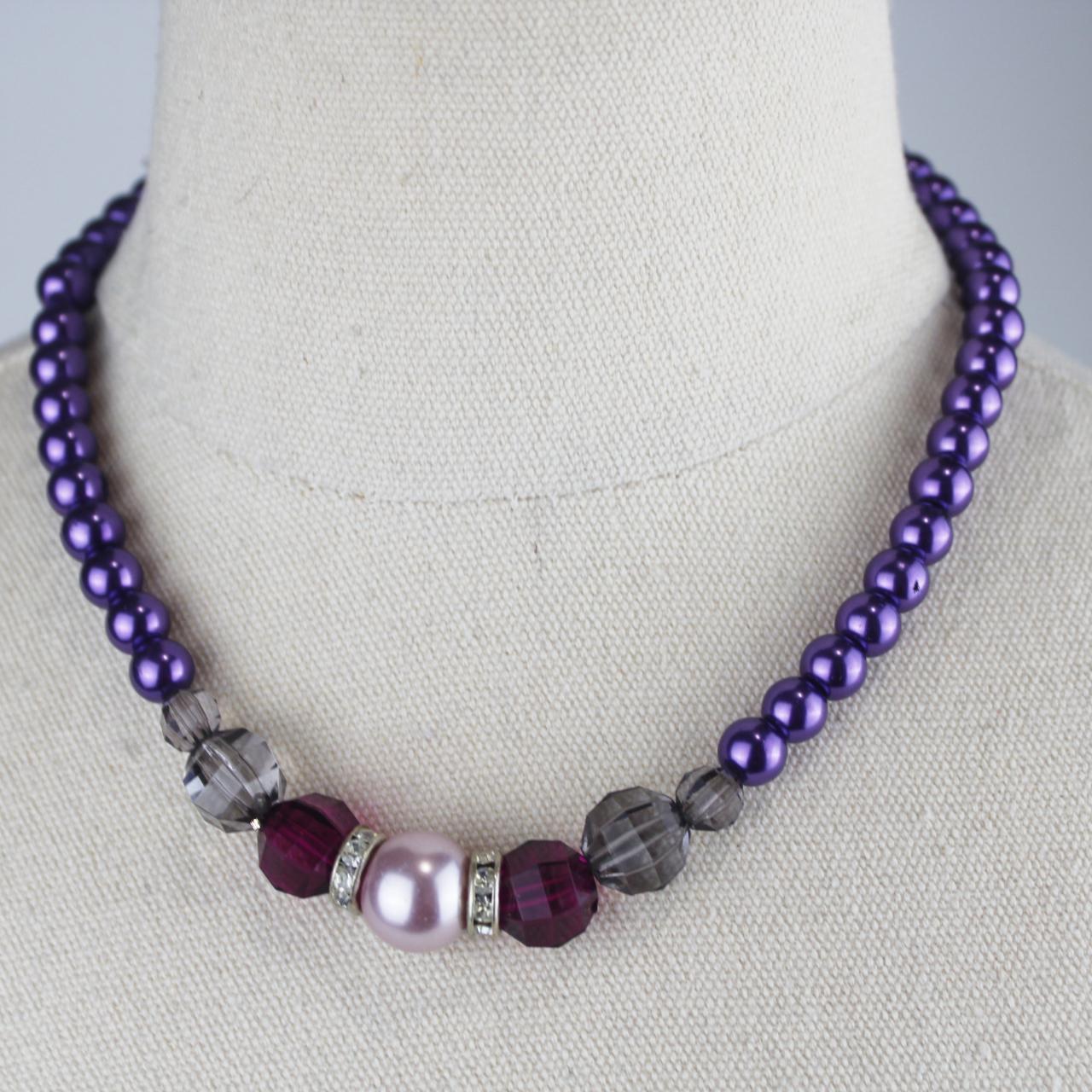 Choker Beaded Necklace Purple Pink Gray Beads Faceted Crysta