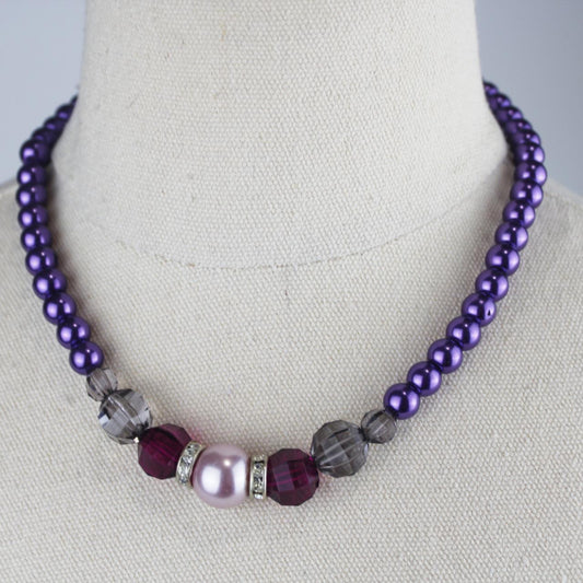 Choker Beaded Necklace Purple Pink Gray Beads Faceted Crysta