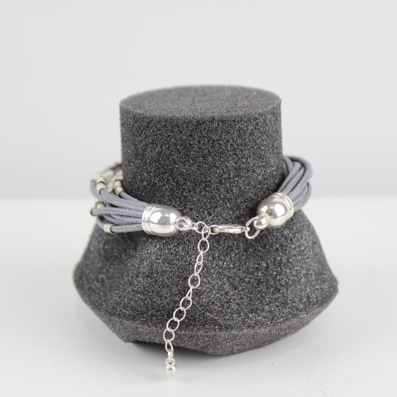 Cord Bracelet with Silver Beads - Gray - Boho Chic - Multi-S