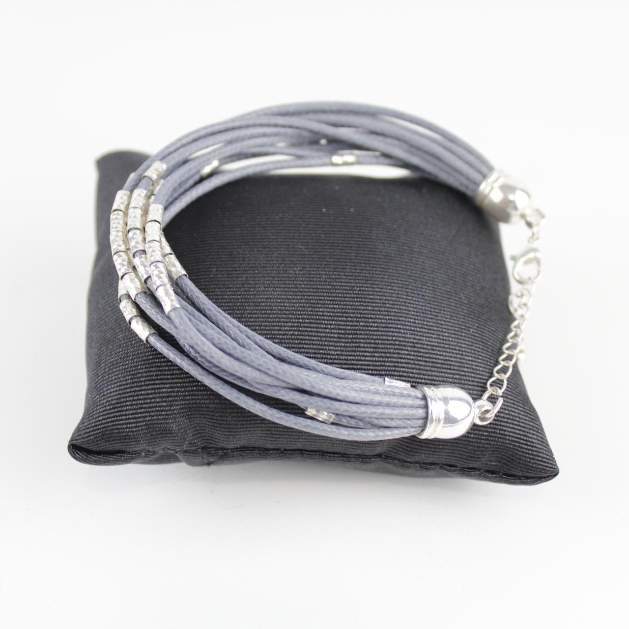 Cord Bracelet with Silver Beads - Gray - Boho Chic - Multi-S