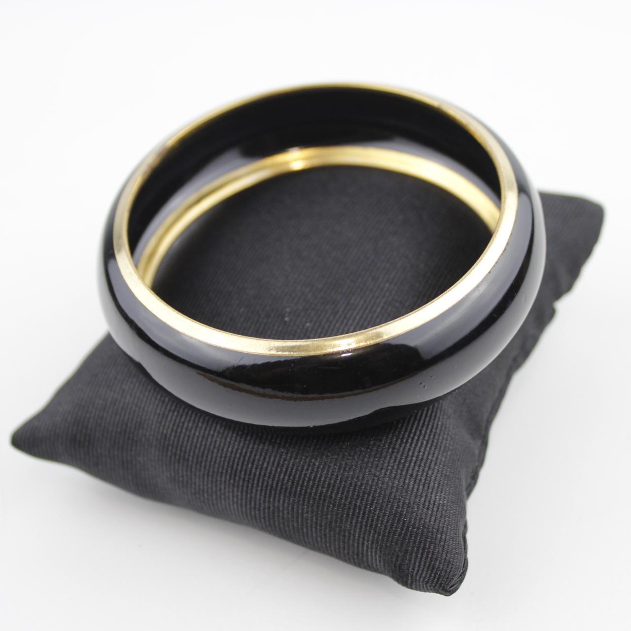 Black Gold Tone Bangle Bracelet Set Glossy Jewelry Fashion A