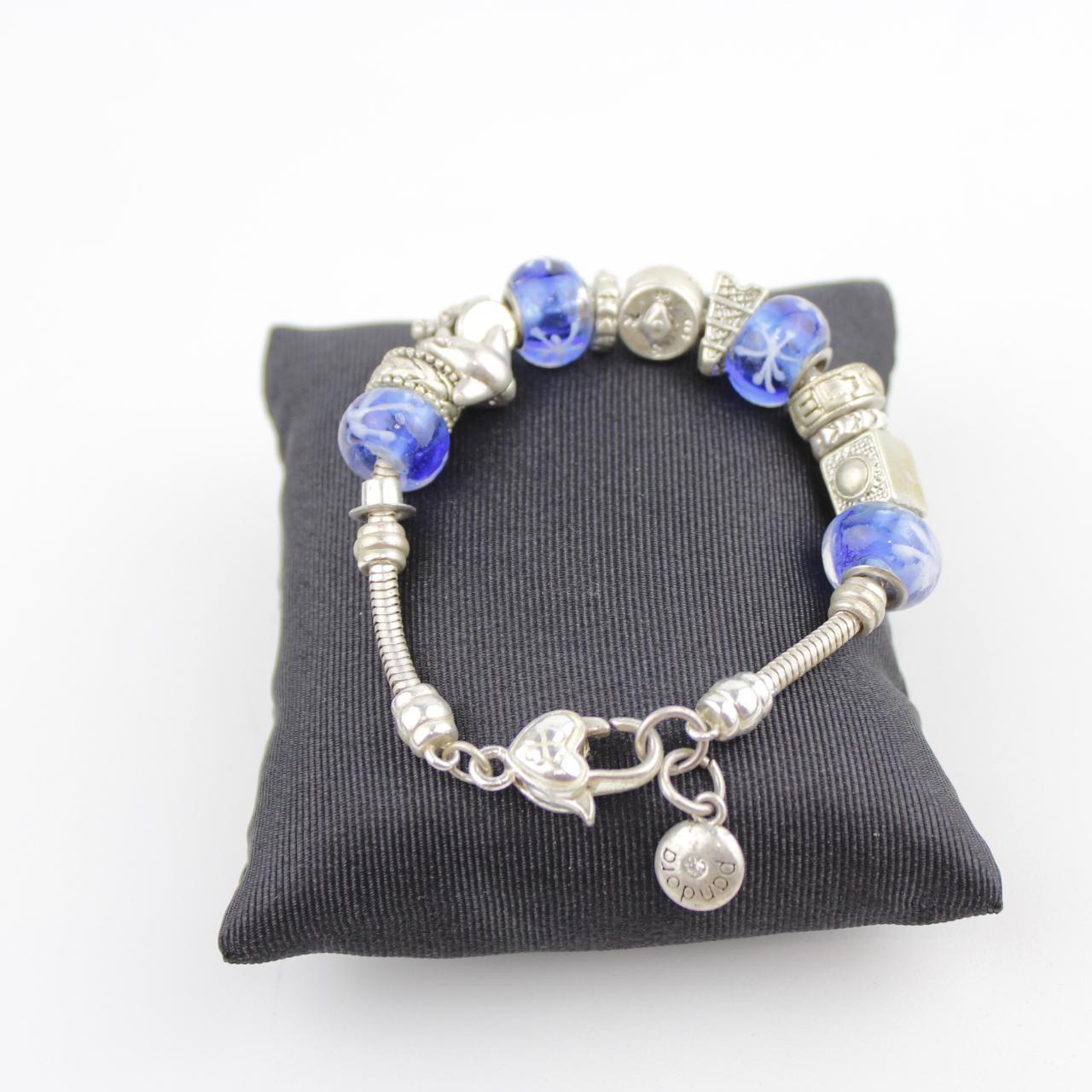 Silver Tone Charm Bracelet Blue Glass Beads Snowflake Clover
