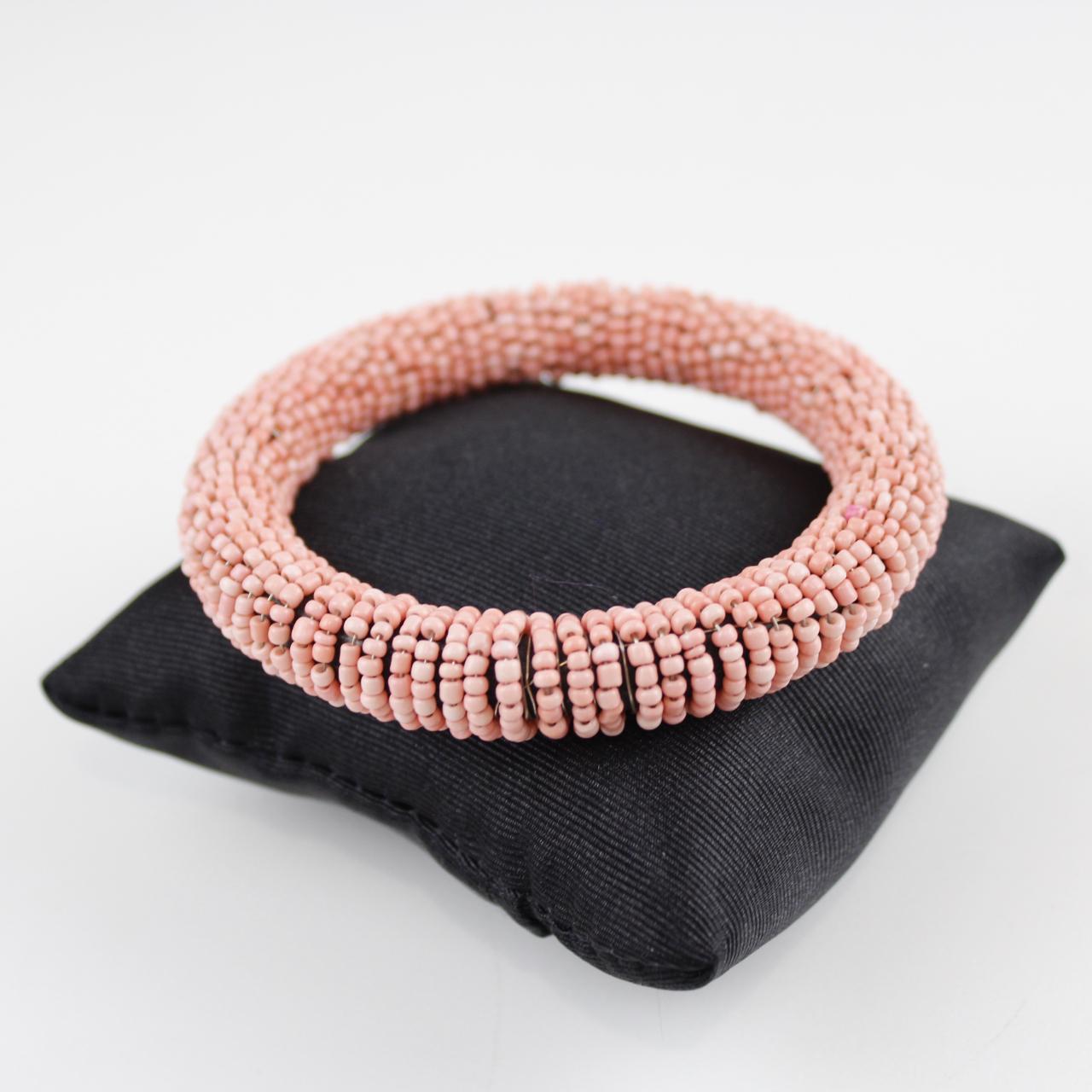 Pink Beaded Bangle Bracelet Artisan Woven Jewelry Statement