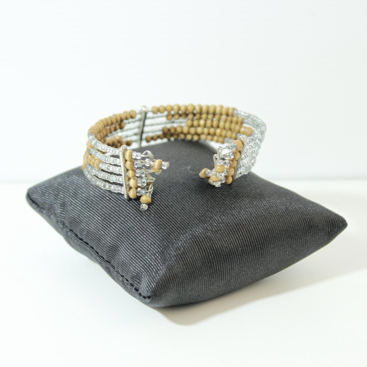 Multi Row Beaded Cuff Bracelet Silver Gold Tone Stacked Statement Coil Wrap