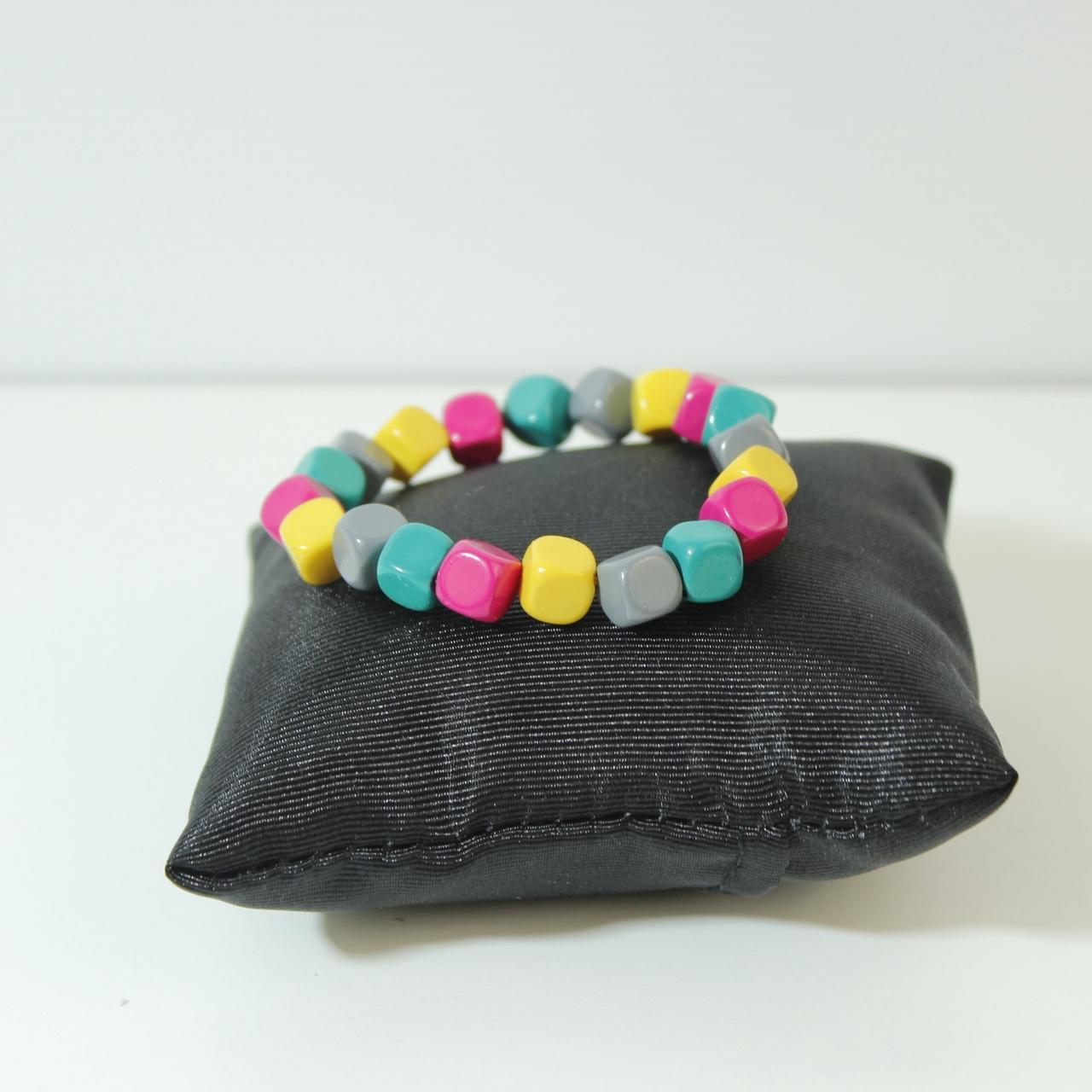 Geometric Multicolour Cube Bead Stretch Bracelet Pink Yellow Teal Grey Square