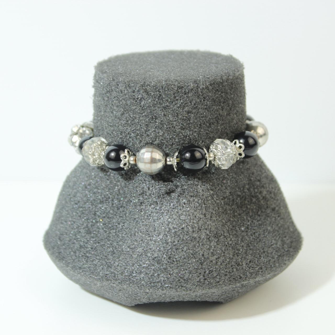 Black Beaded Stretch Bracelet Silver tone Floral Rhinestone Statement Boho