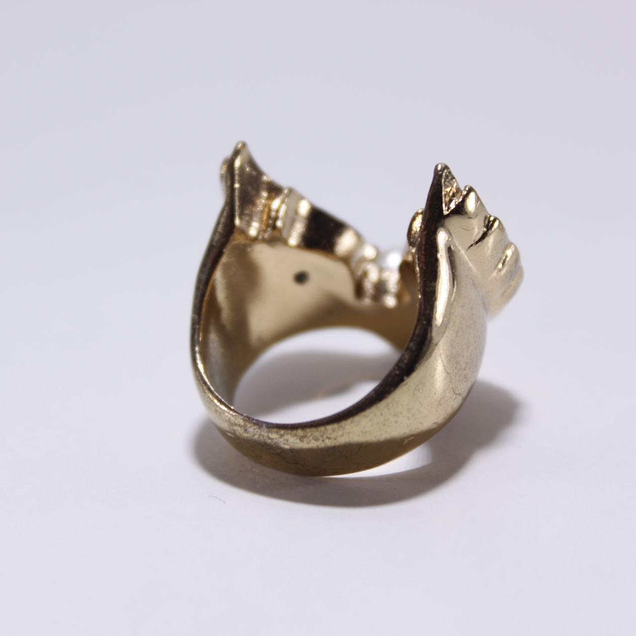 Gold Tone Angel Wing Ring Pave Rhinestone Faux Pearl