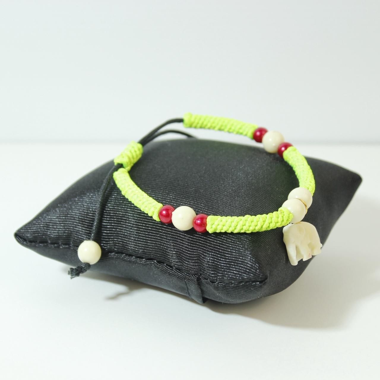 Neon Yellow Woven Cord Elephant Charm Bracelet Adjustable Beaded Boho Tribal