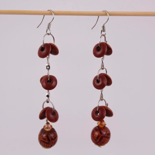 Natural Wood Bead Dangle Earrings, Silver tone Long Tiered Boho Drop Tribal   Go