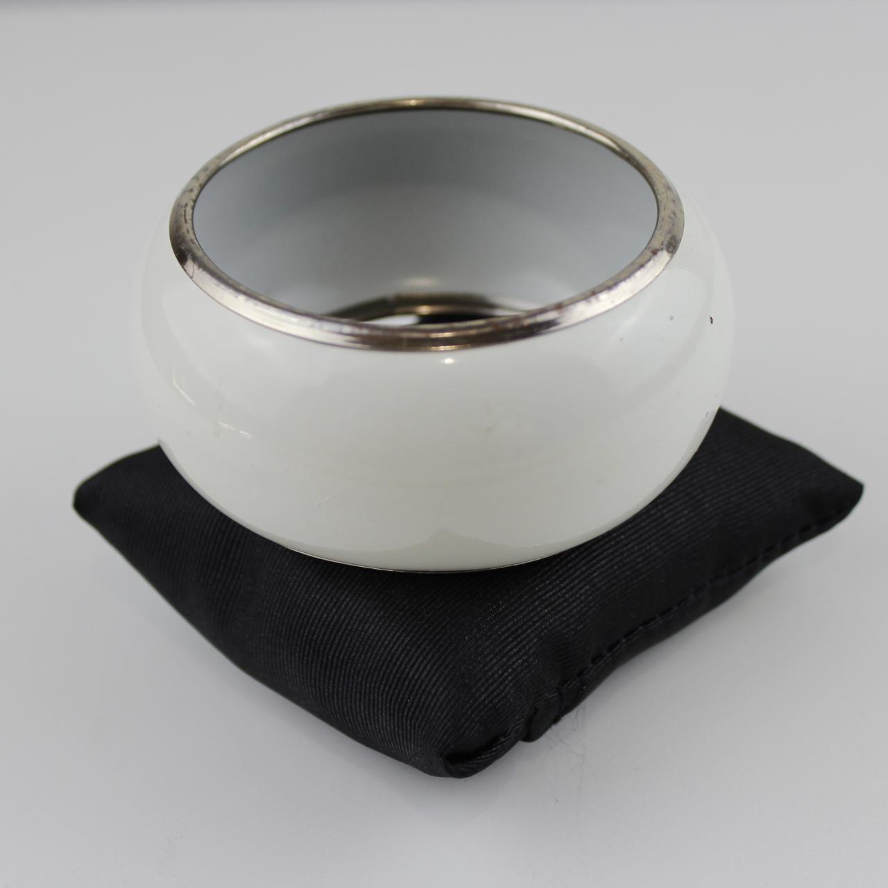 Classic White Enamel Bangle - Silver Tone Edge Trim - Modern