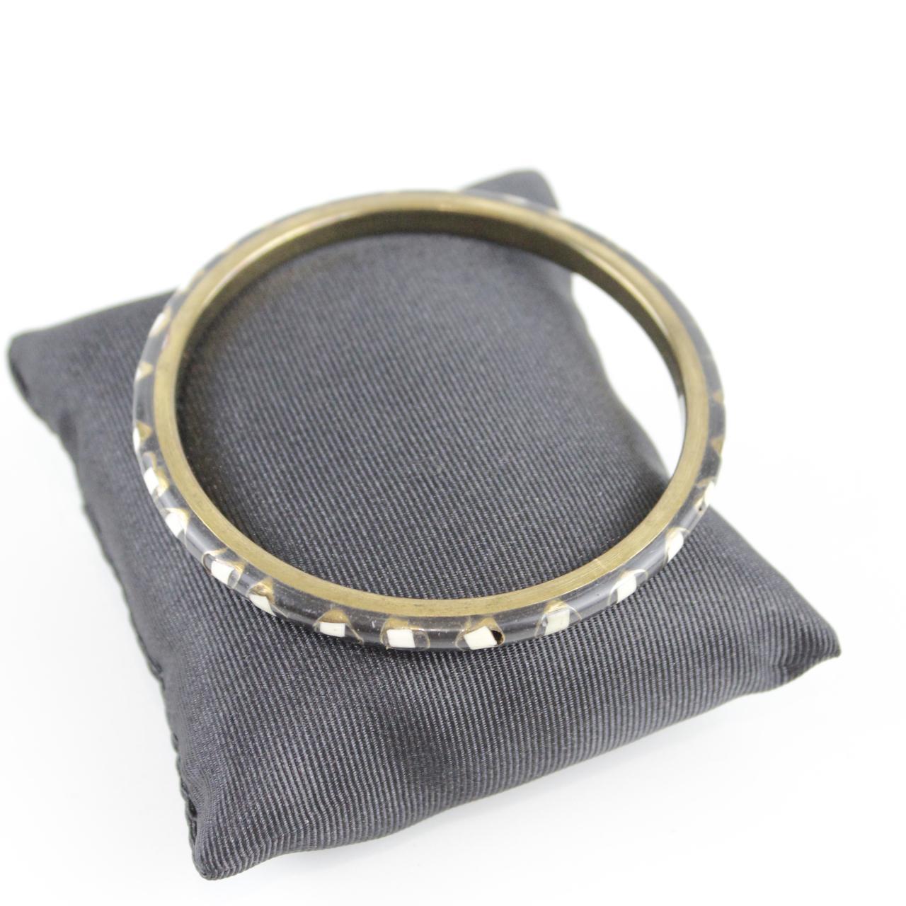 Brass Bangle Bracelet with White Dot Inlay - Unique Design -