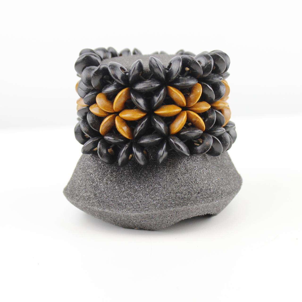 Black Mustard Yellow Bead Bracelet Stretch Textured Jewelry