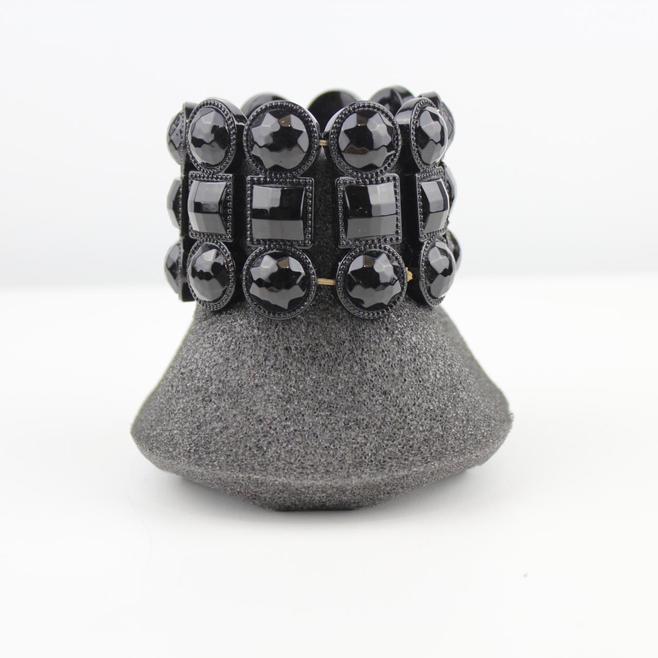 Black Faceted Bead Bracelet Statement Jewelry Bold Multi Row