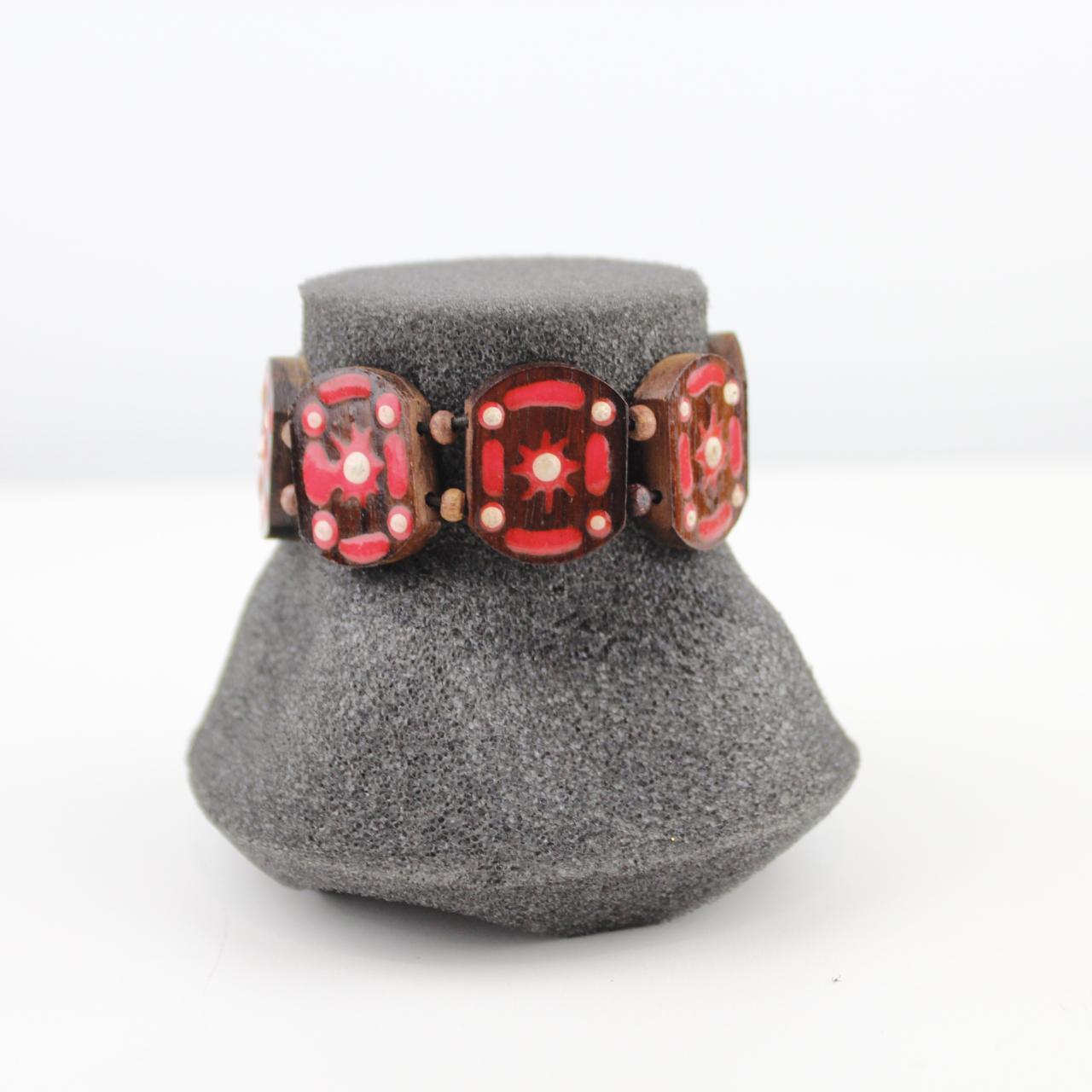 Handmade Wooden Bracelet Red White Inlay Design Ethnic Jewel