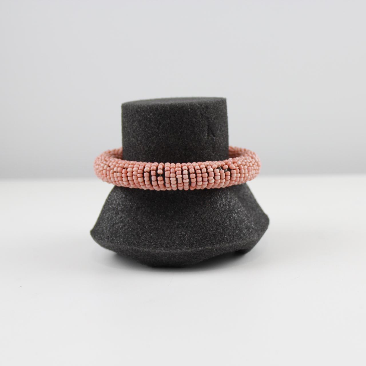 Pink Beaded Bangle Bracelet Artisan Woven Jewelry Statement