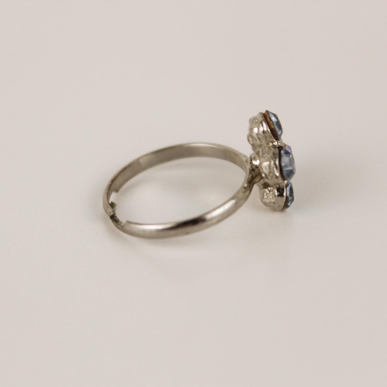 Silver Tone Blue Crystal Flower Ring Adjustable Stretch Band Floral Statement Je