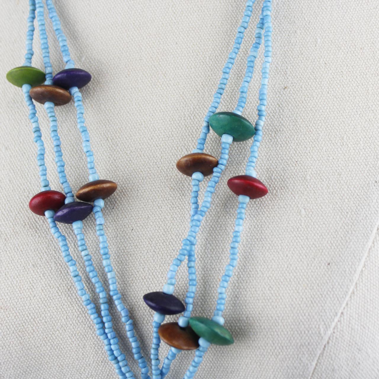 Boho Multi Strand Beaded Necklace Light Blue Glass Beads Woo