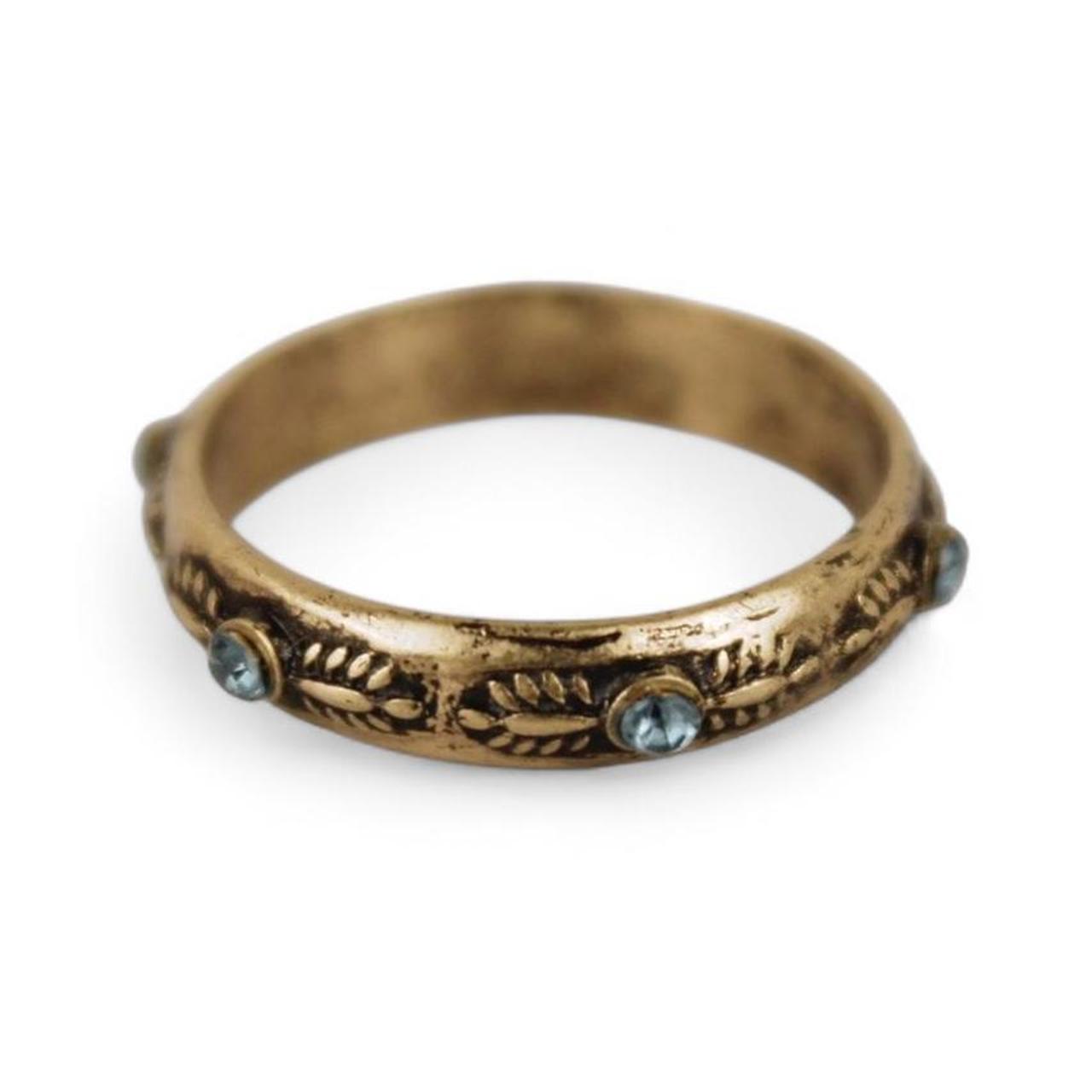 Gold Tone Etched Band Ring Blue Crystal Accents Boho Stackable Engraved Jeweller