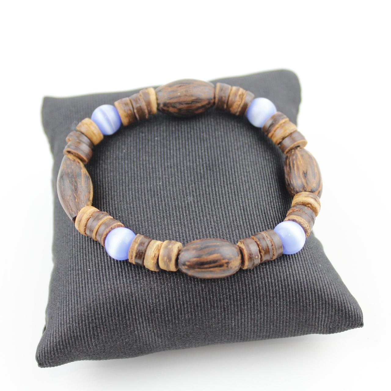Wooden Bead Bracelet Brown Blue Glass Beads Bohemian Stretch