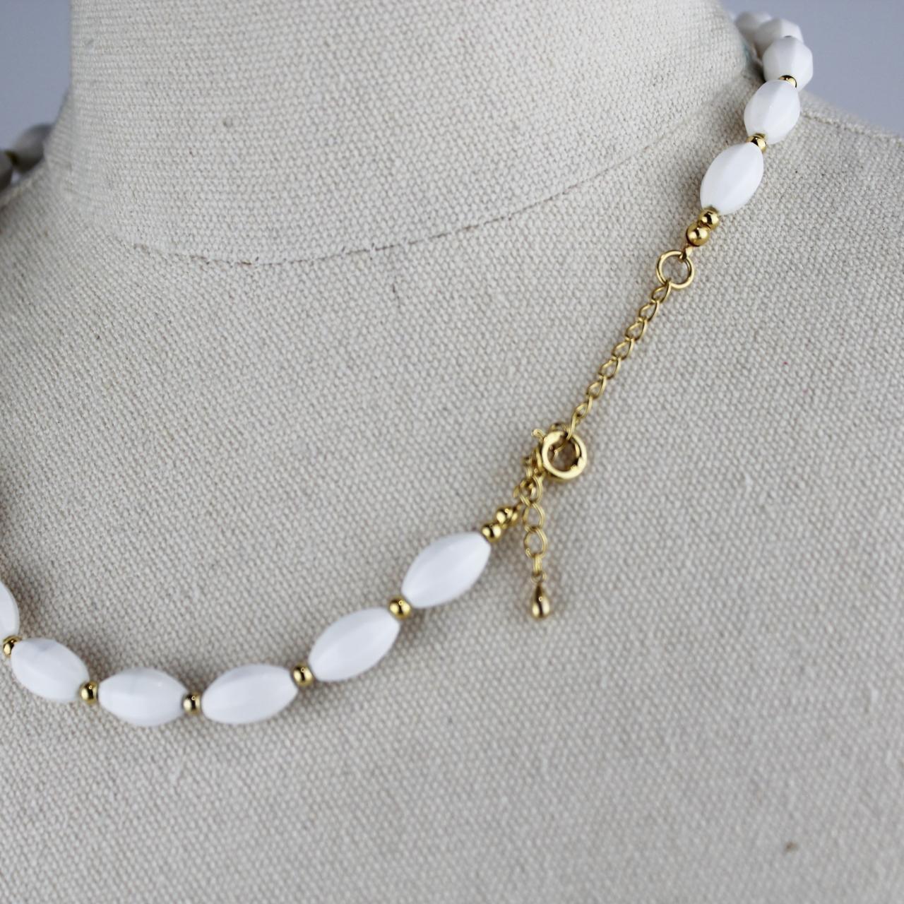 White Bead Necklace Oval Large Beads Gold Tone Spacers White