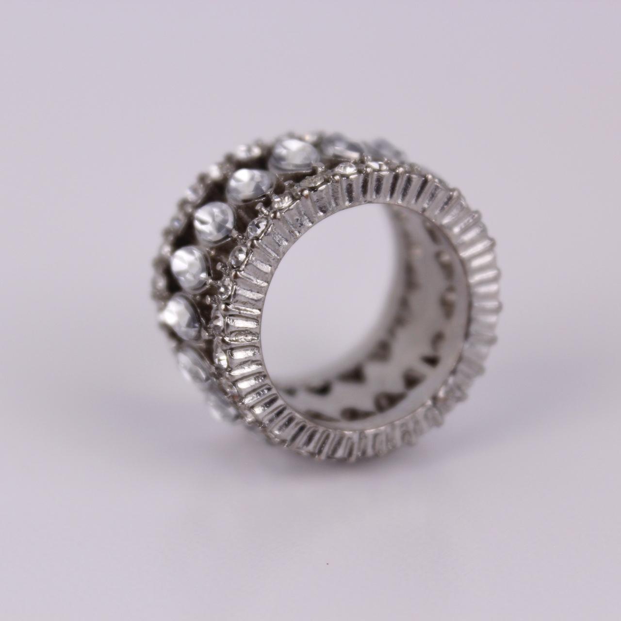 Silver Tone Eternity Band Ring Marquise Cut Faux Crystal Statement Wide Cocktail