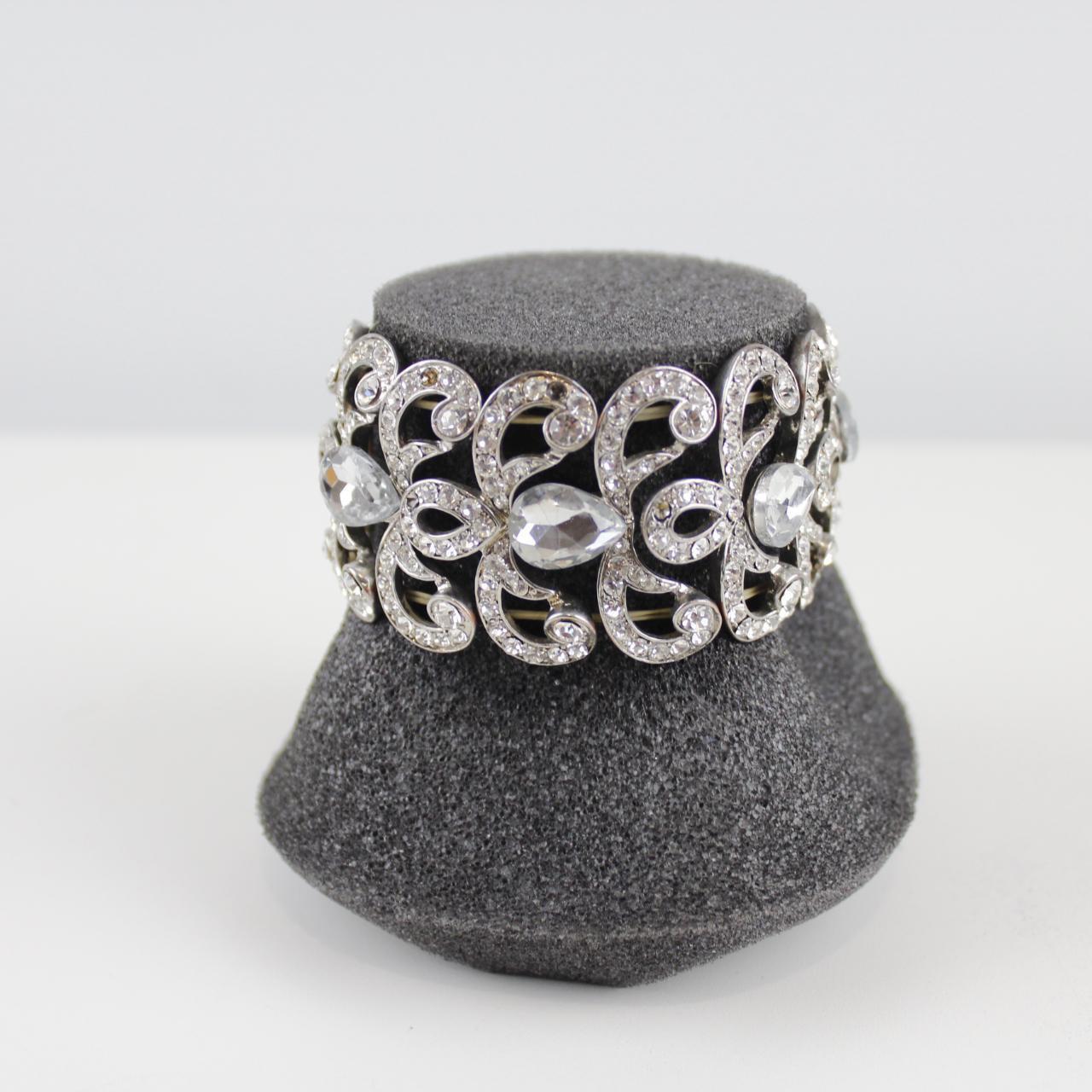 Rhinestone Filigree Style Bracelet - Silver-Tone - Vintage G