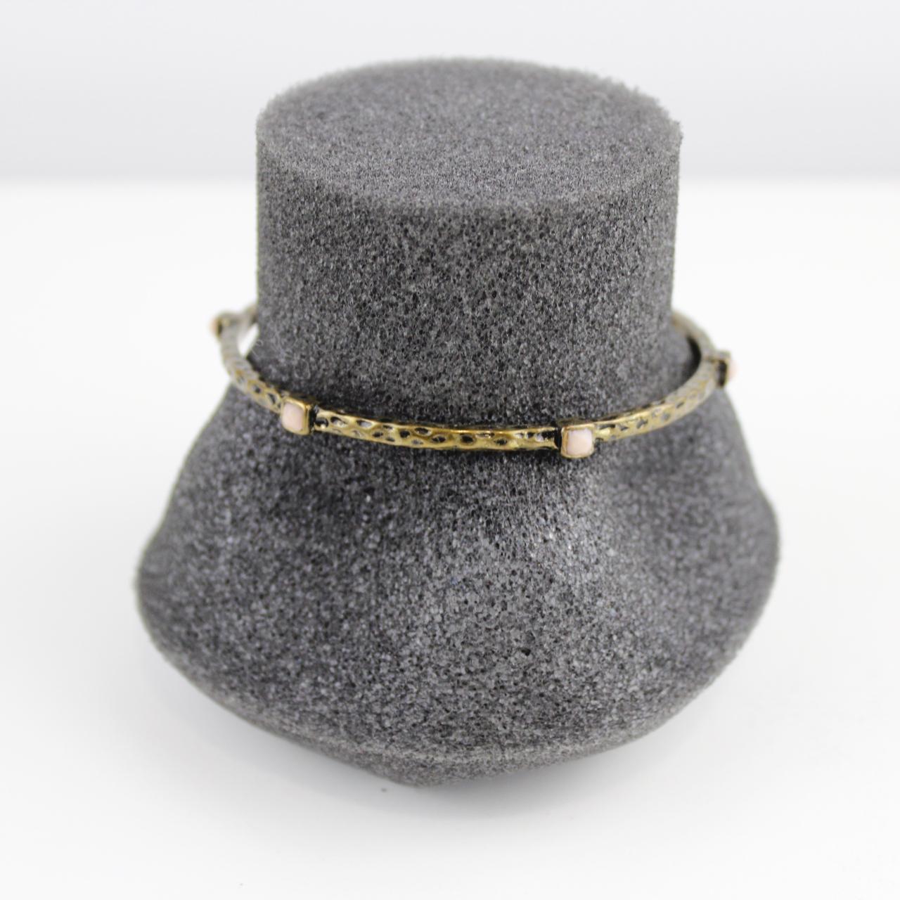 Vintage Bronze Tone Bangle Bracelet White Stone Textured Met