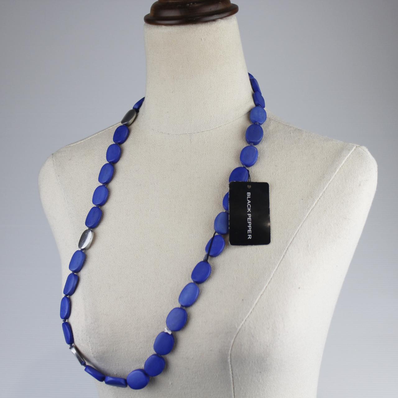 Long Beaded Necklace Blue Oval Beads Silver Discs Minimalist