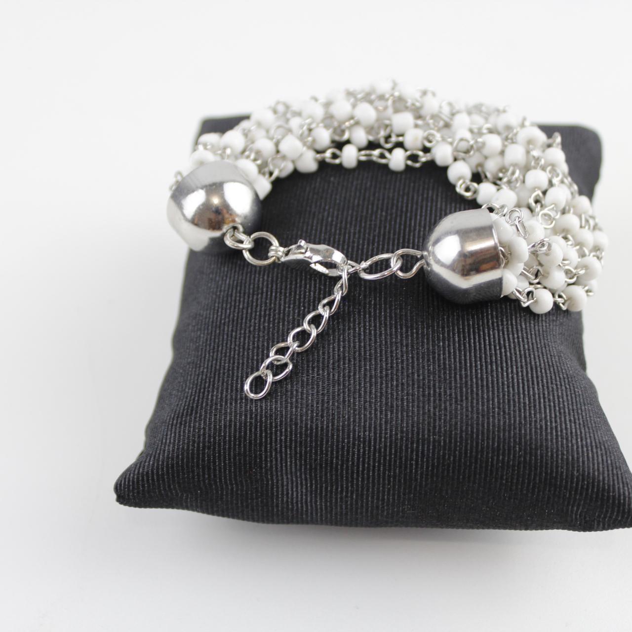 Multi-Strand White Seed Bead Bracelet Silver Tone Dangle Fas