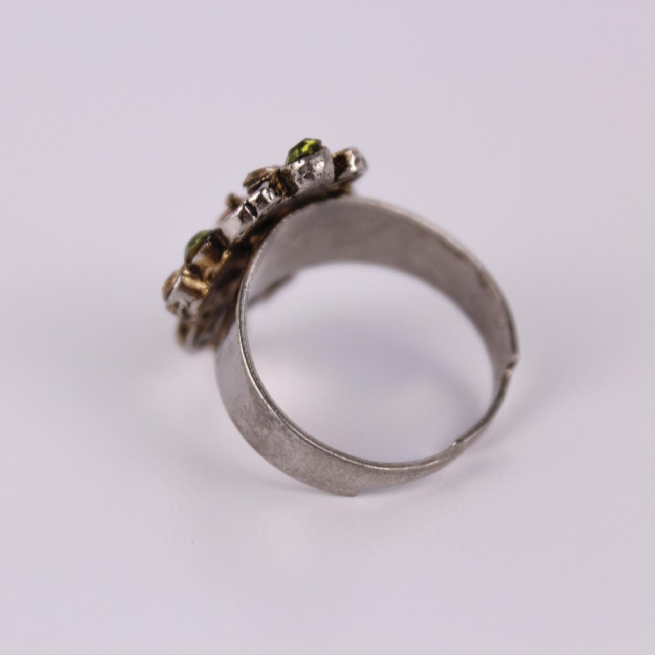 Silver Tone Filigree Cocktail Ring Amber Green Stones Adjustable Statement Jewel