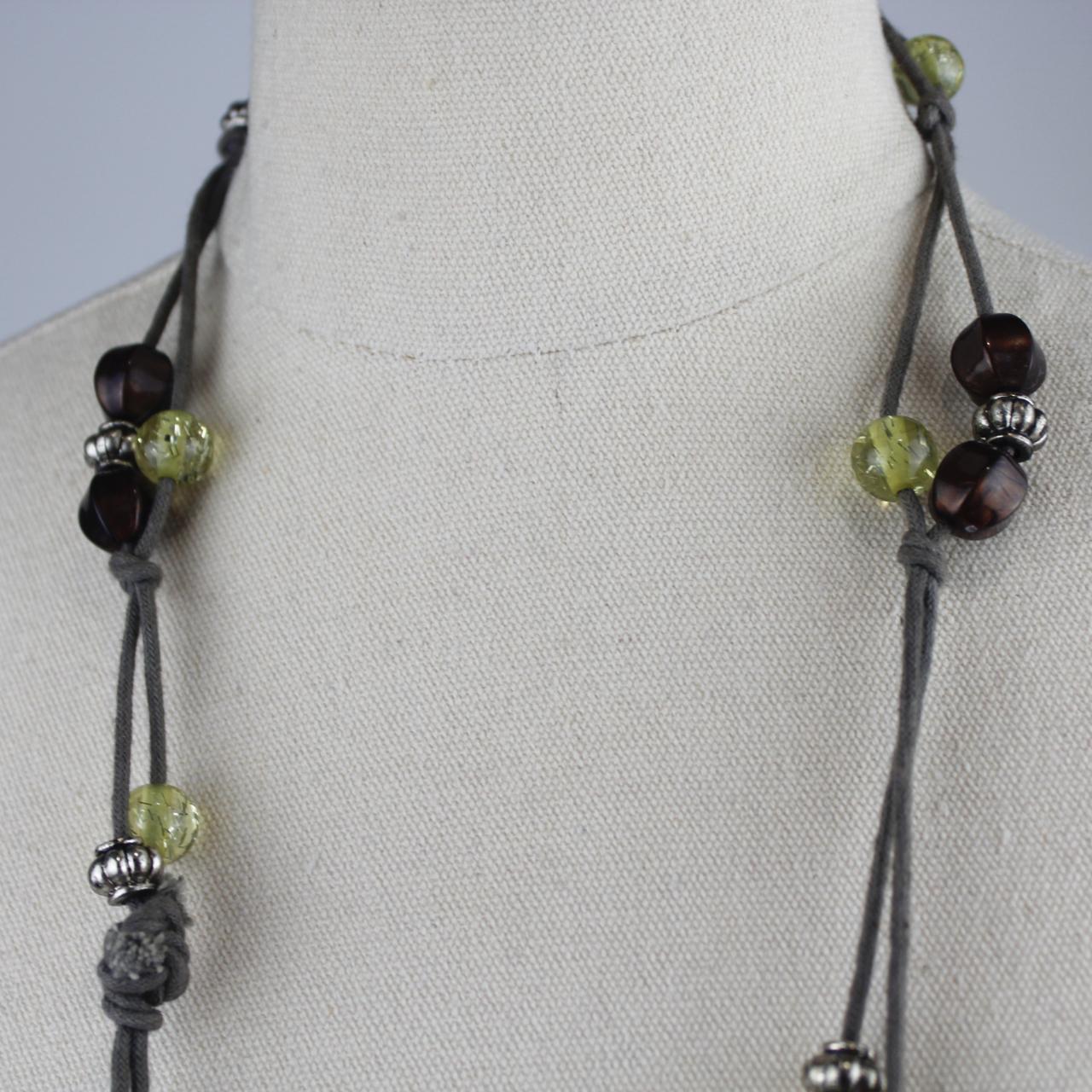 Long Multi Strand Beaded Necklace Gray Cord Brown Green Ambe