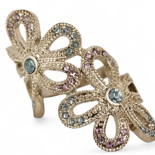 Silver tone Flower Cocktail Ring Blue Stone Cluster Statement Finger Jewellery