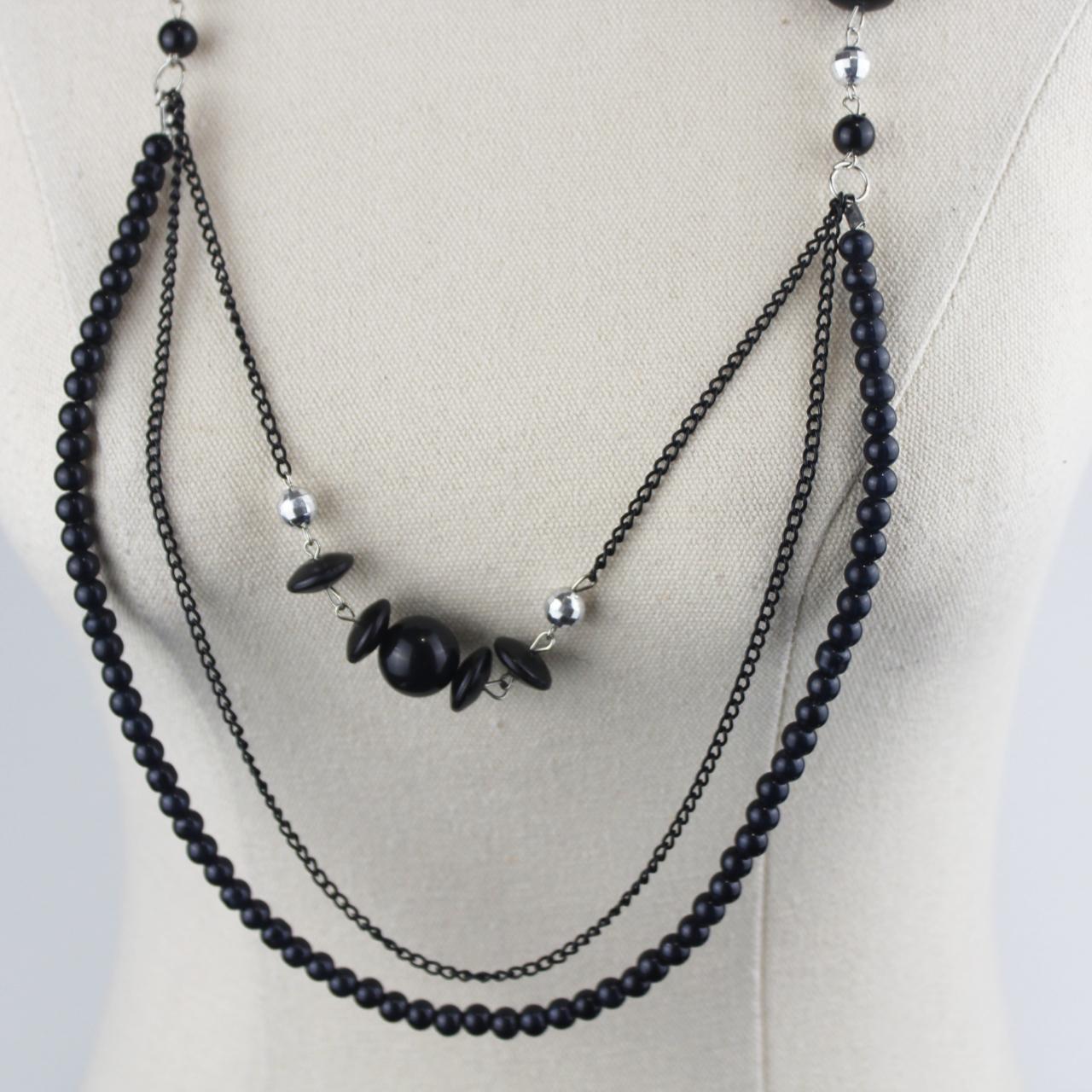 Multi Strand Statement Necklace Black Beads Silver Tone Spac