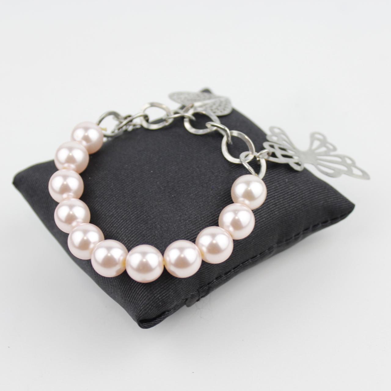 Pink Pearl Bracelet Silver Chain Butterfly Heart Charm Jewel