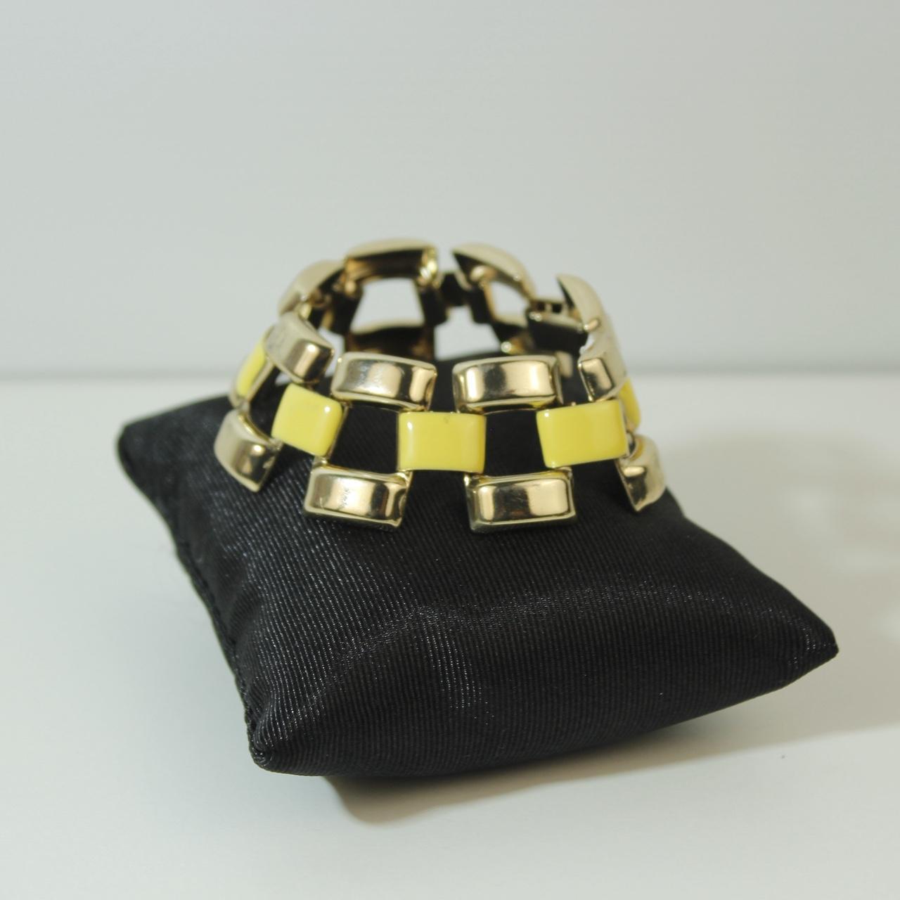 Vintage Gold Tone Yellow Enamel Panel Link Bracelet Retro Statement Chunky