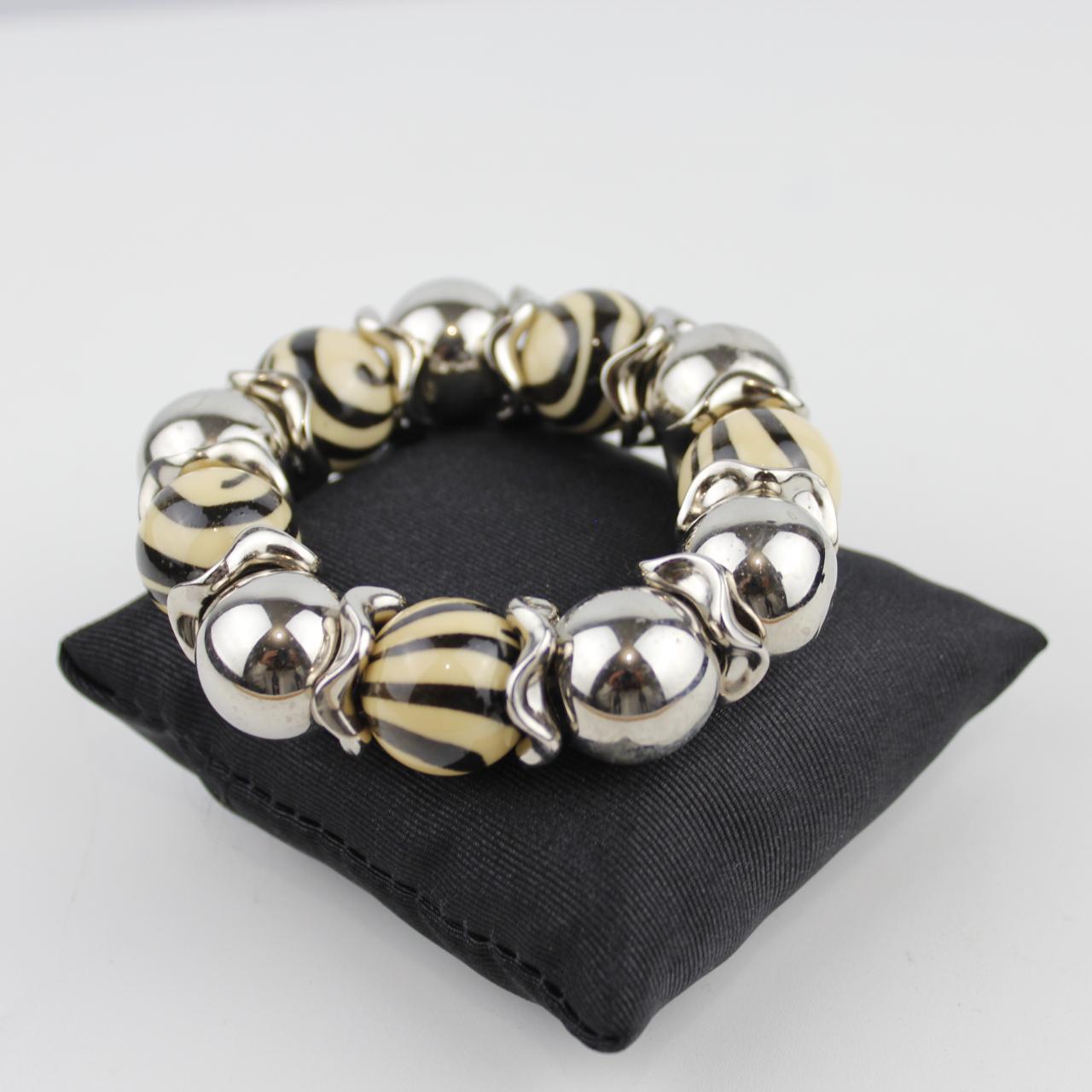 Stylish Silver and Striped Beaded Bracelet with Black and Be