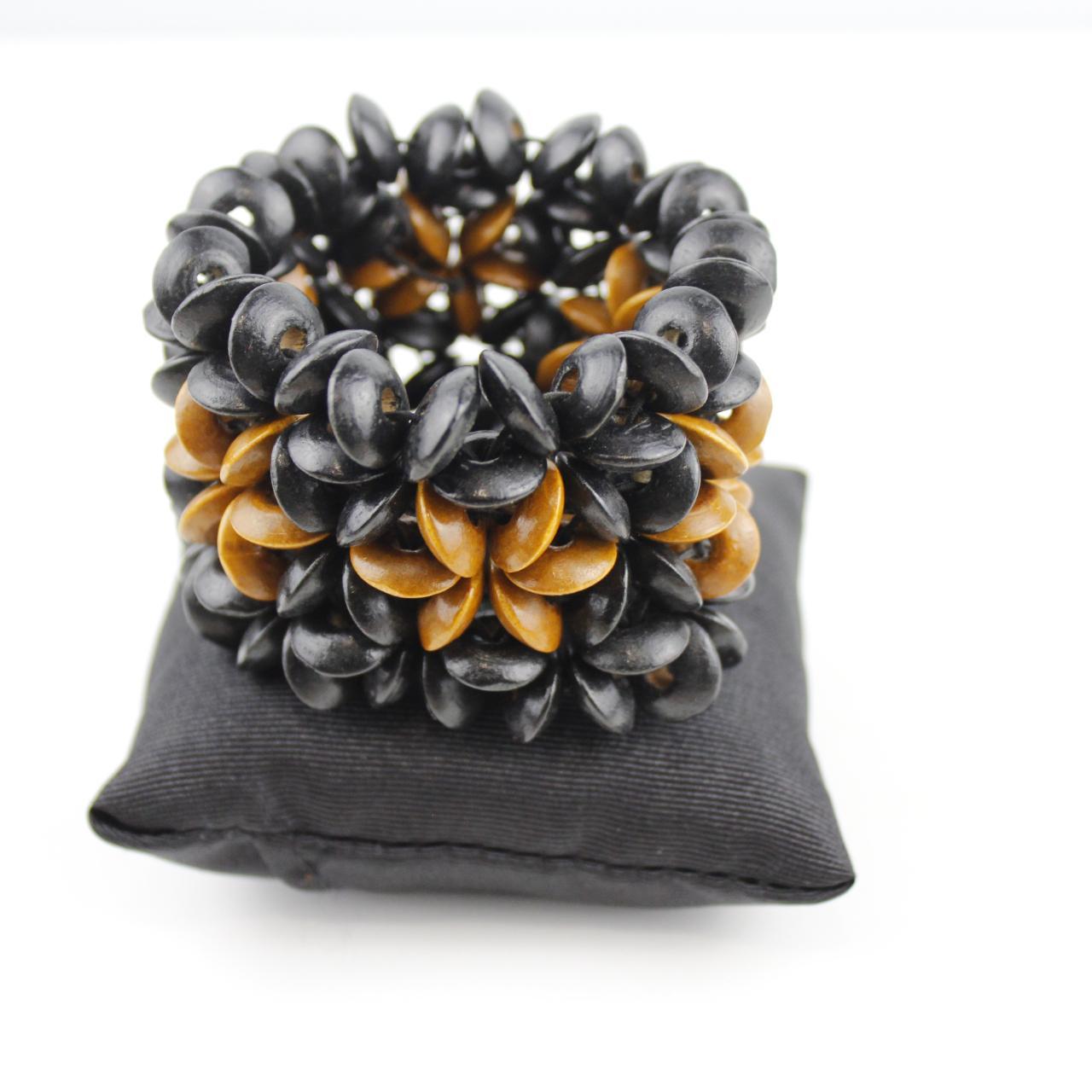 Black Mustard Yellow Bead Bracelet Stretch Textured Jewelry