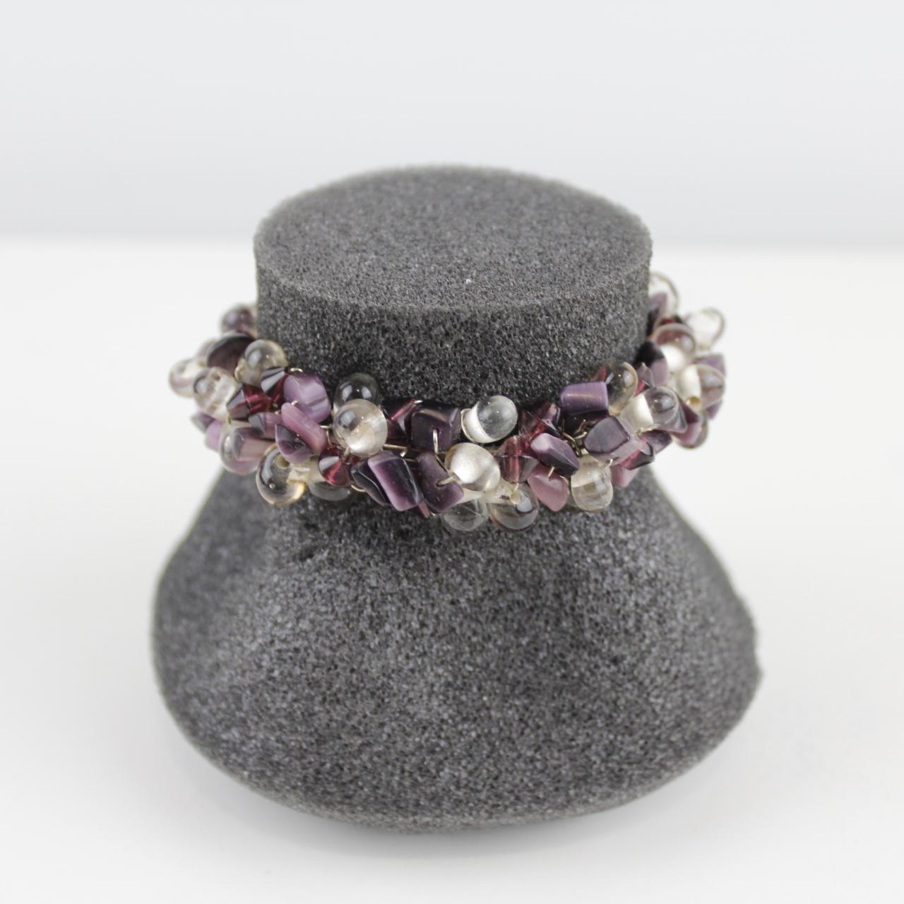 Purple and Clear Glass Bead Bracelet - Silver Wire Wrapped -