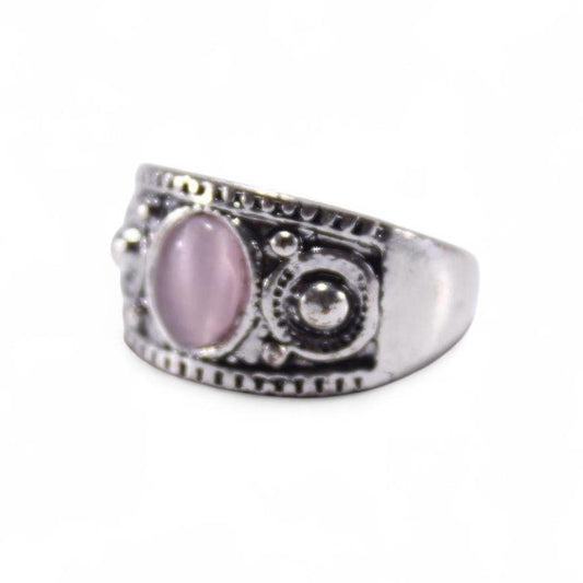 Bohemian Silver Tone Ring Pink Cat Eye Stone Statement Band