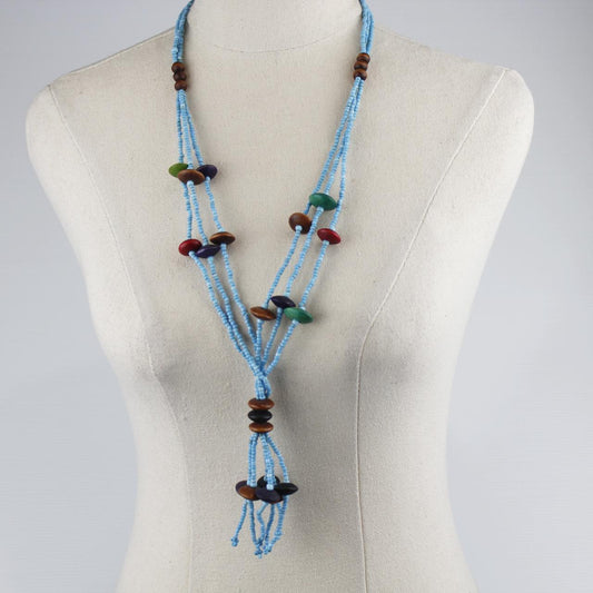 Boho Multi Strand Beaded Necklace Light Blue Glass Beads Woo