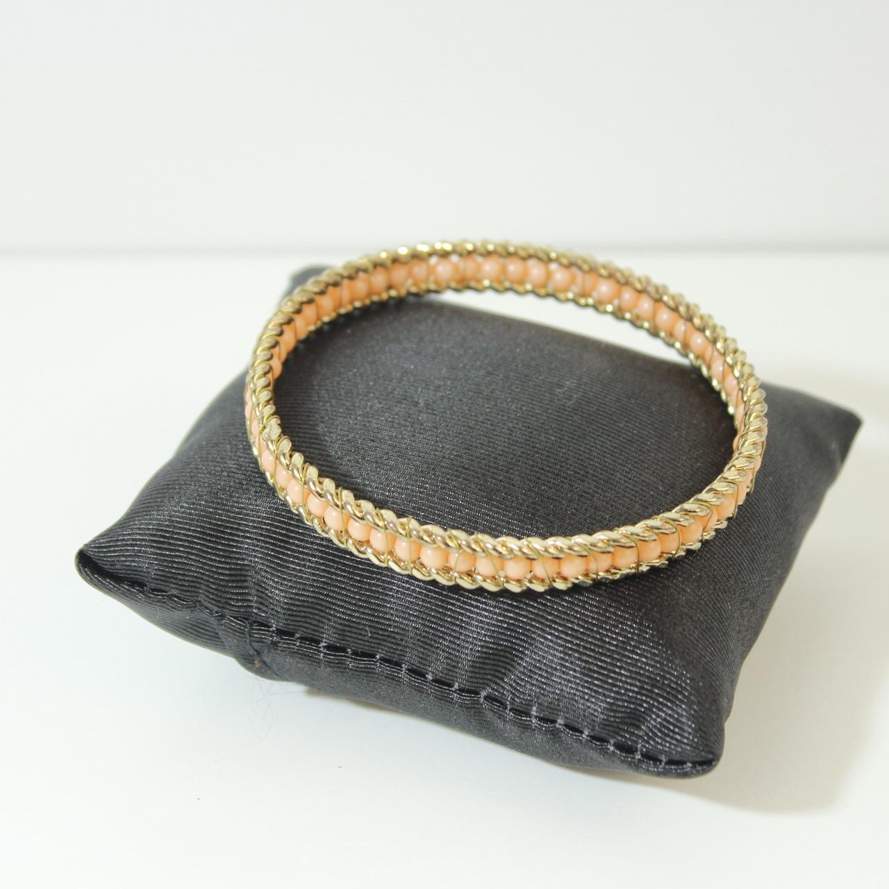 Gold Tone Triple Row Bangle Bracelet Beaded Center Rope Edge Detail