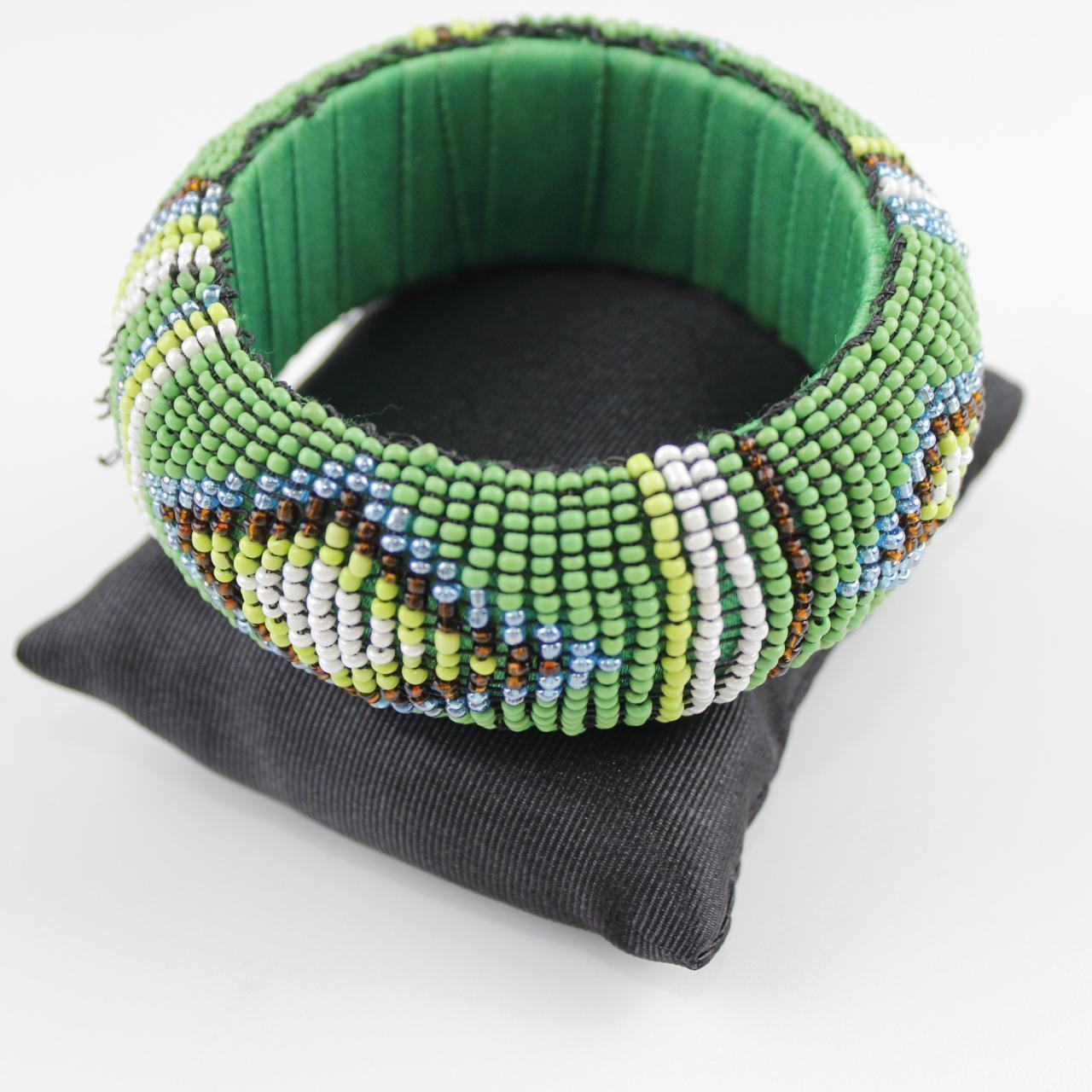 Tribal Inspired Seed Bead Bangle - Green, White, Blue, Yello